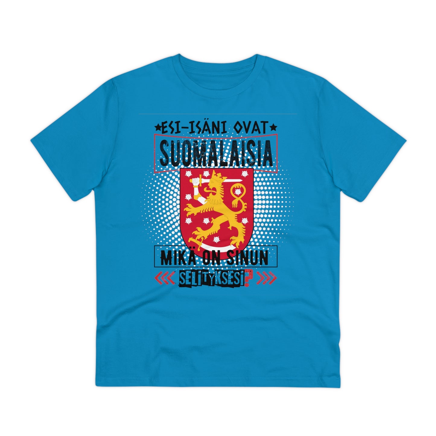 Unisex organic cotton t-shirt - my ancestors are Finnish, what's your explanation, Finnish coat of arms