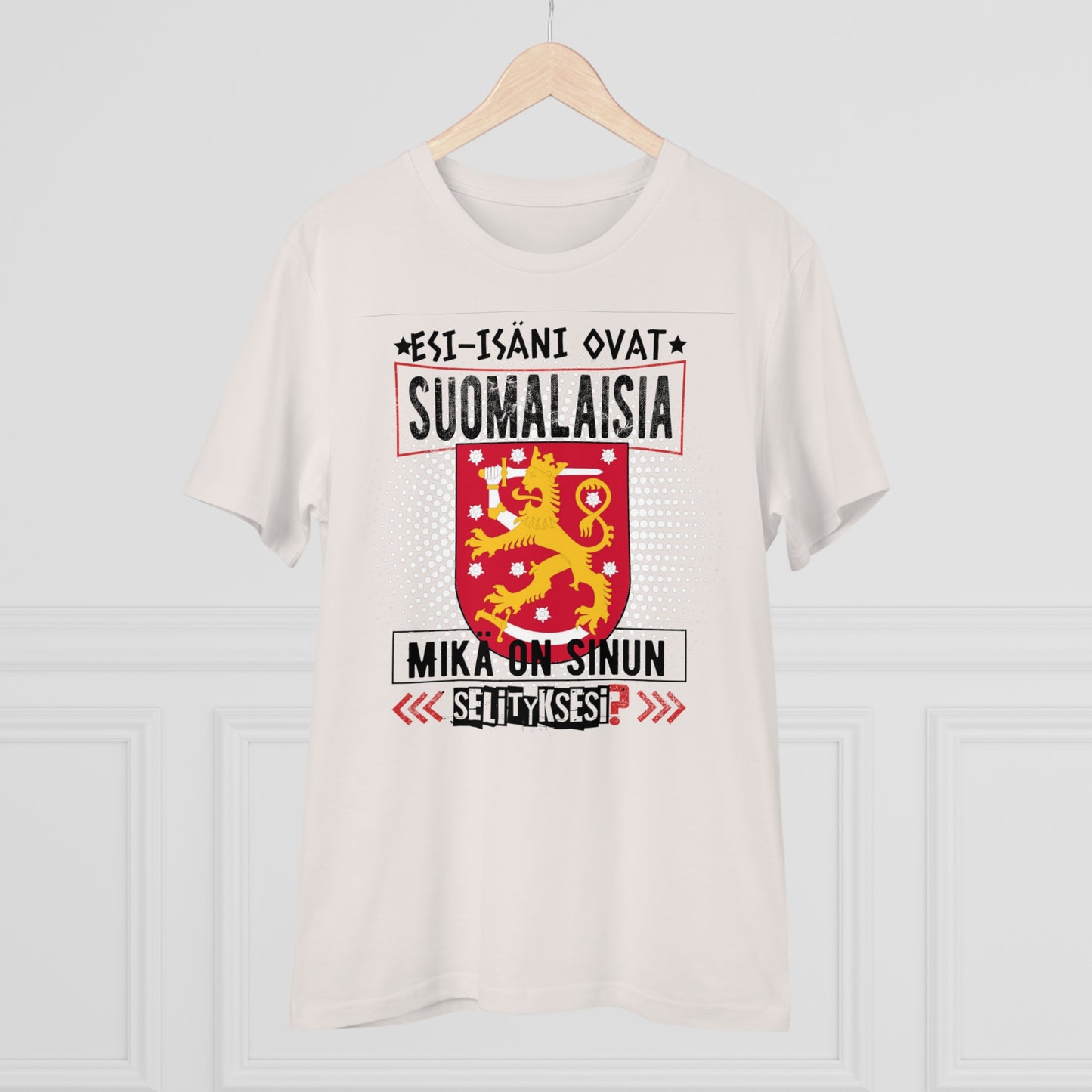 Unisex organic cotton t-shirt - my ancestors are Finnish, what's your explanation, Finnish coat of arms