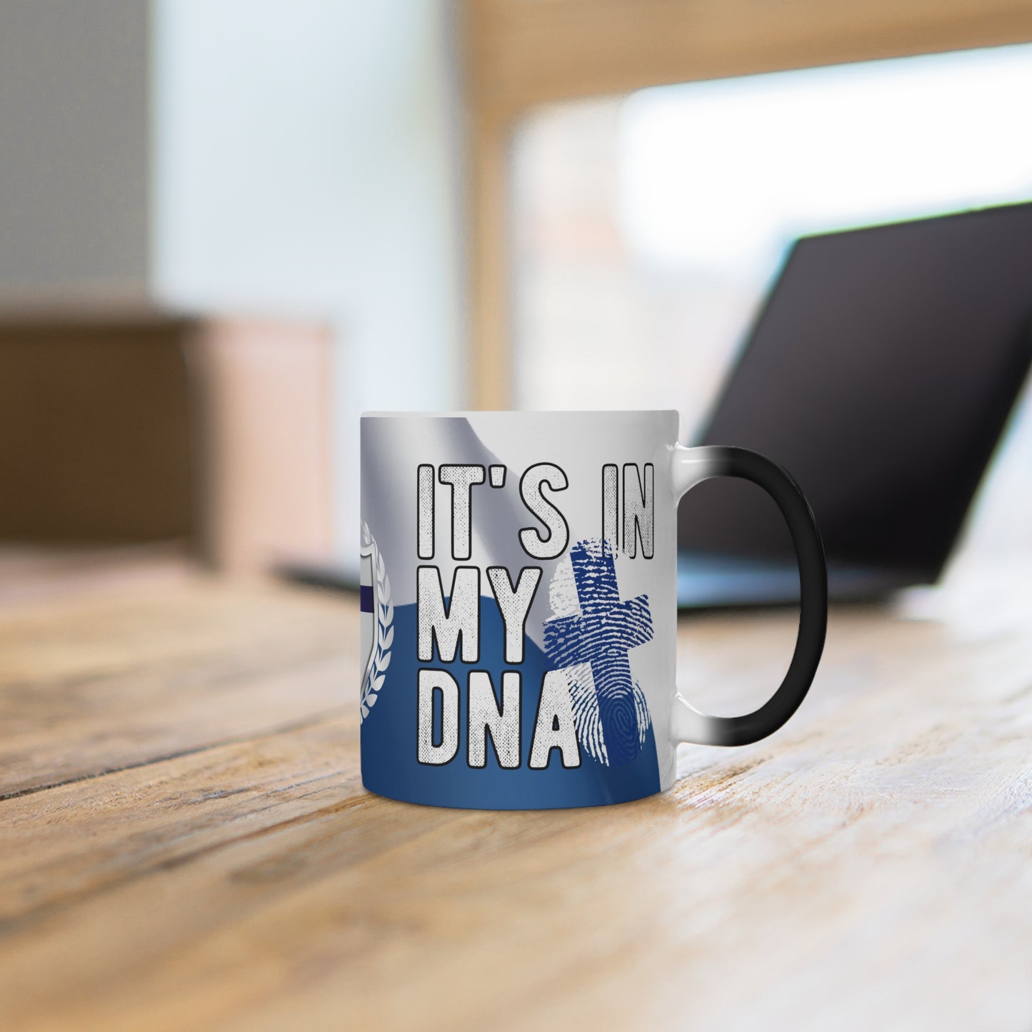 Magic mug with Finnish coat of arms and dna Finland