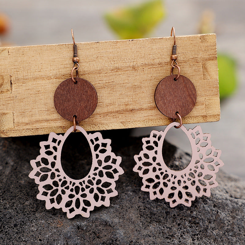 Retro Patchwork Wooden Round Hollow Leather Earrings