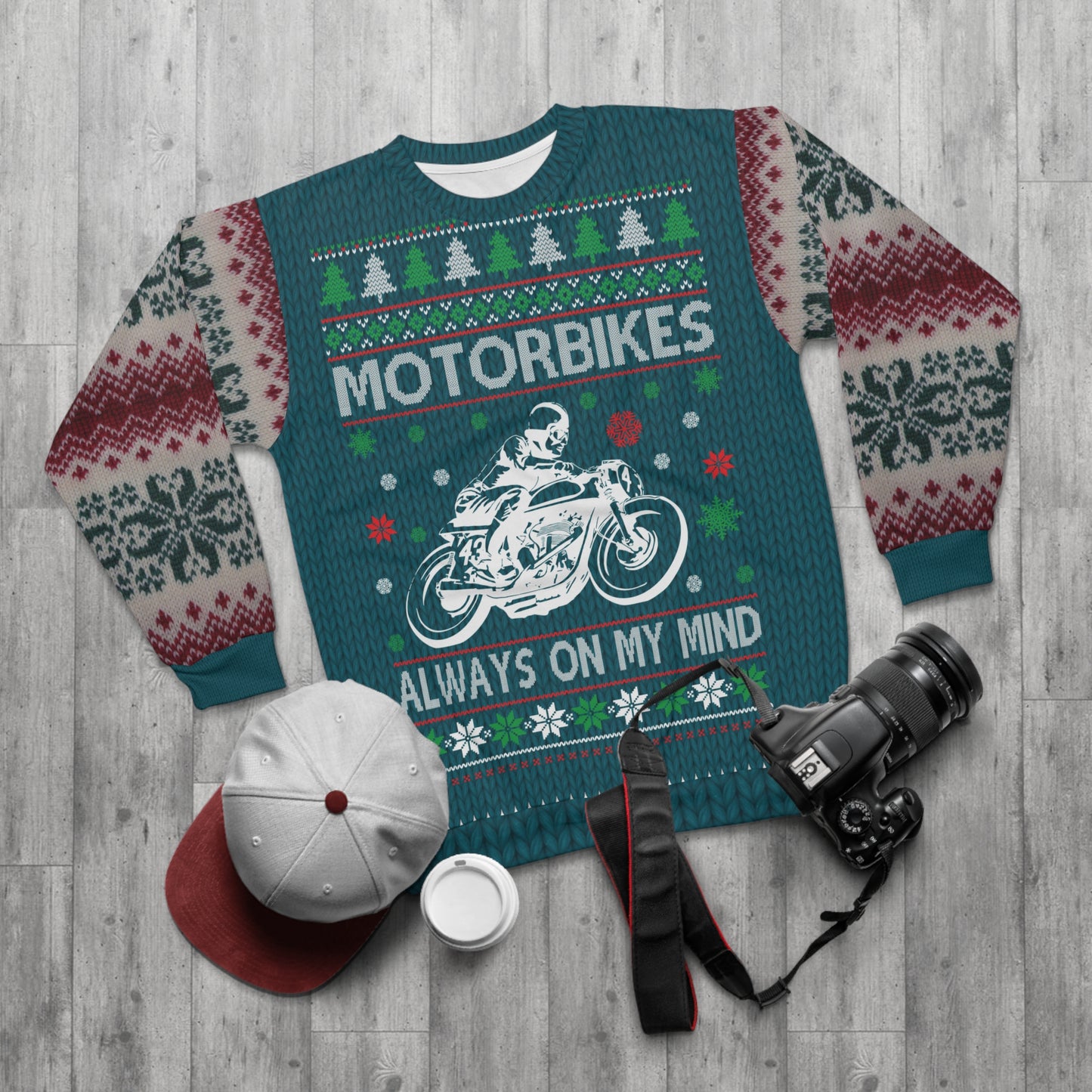 unisex gollegepaita - ugly christmas motorbike package