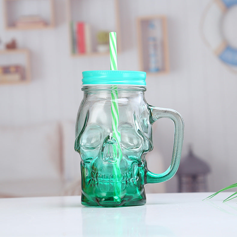 Gradient Glass Mason Mug With Skull And Handle