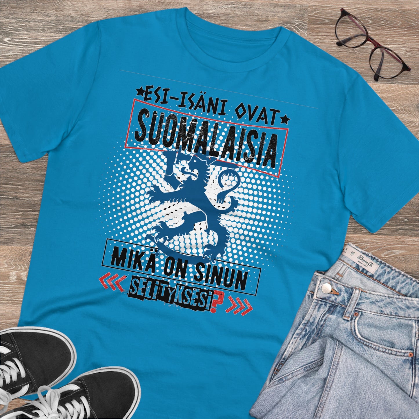 T-shirt unisex eco cotton - my ancestors are Finnish, what is your explanation, Suomileijona