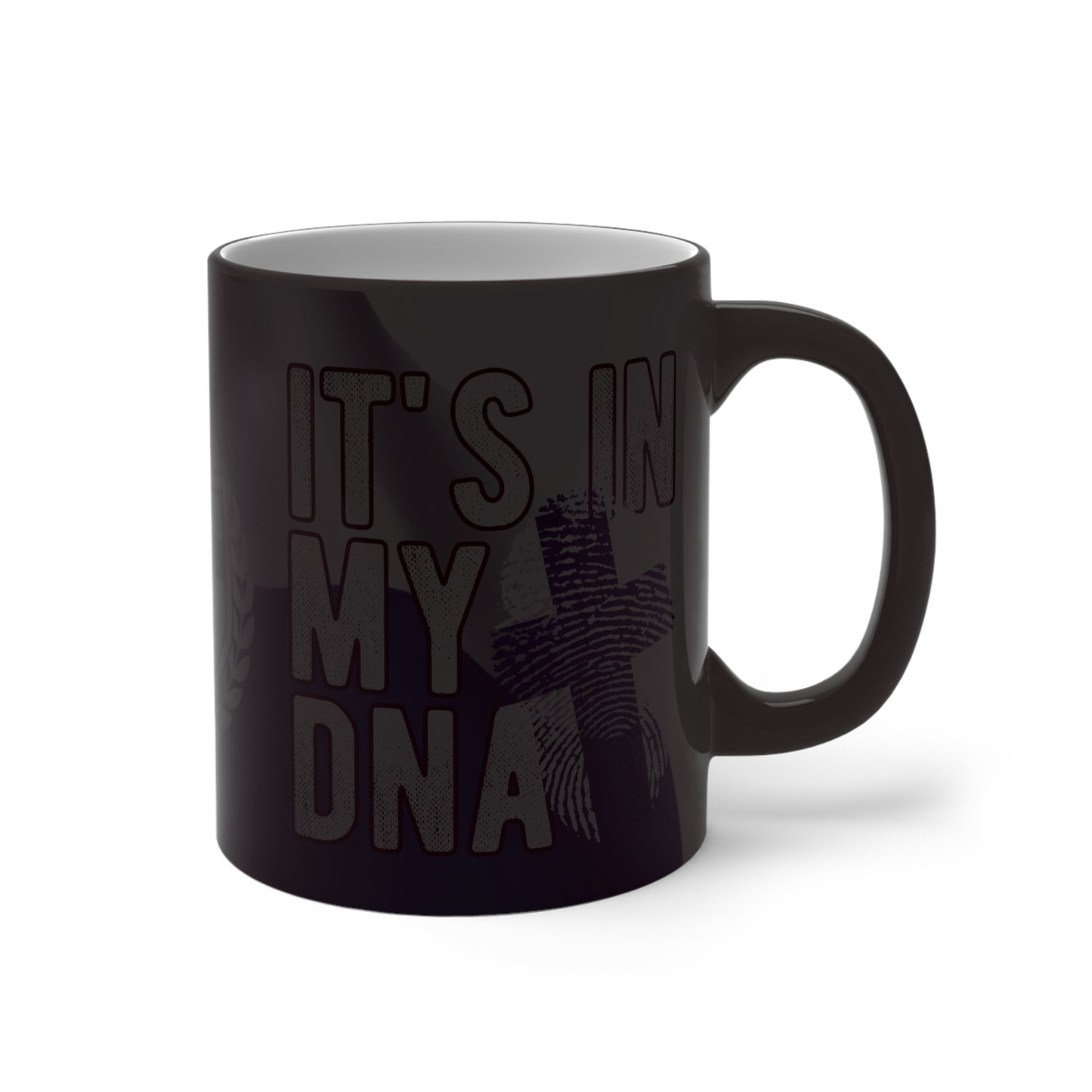 Magic mug with Finnish coat of arms and dna Finland