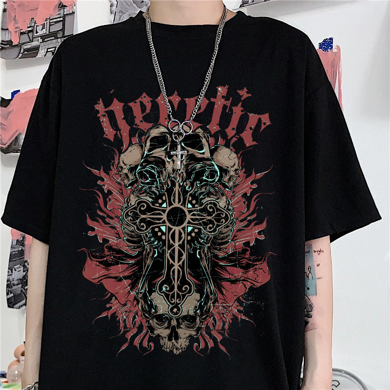 Men And Women Gothic Style Print Round Neck Loose T-shirt Short Sleeve