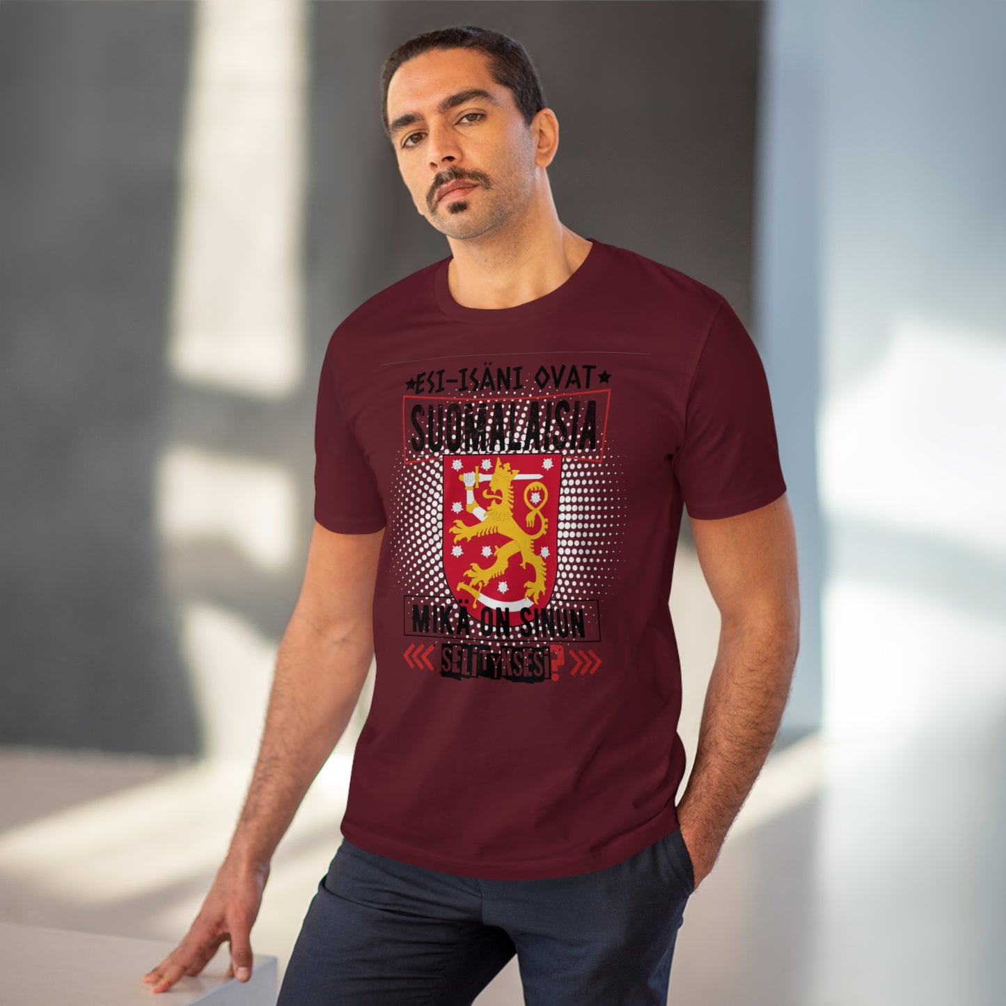 Unisex organic cotton t-shirt - my ancestors are Finnish, what's your explanation, Finnish coat of arms