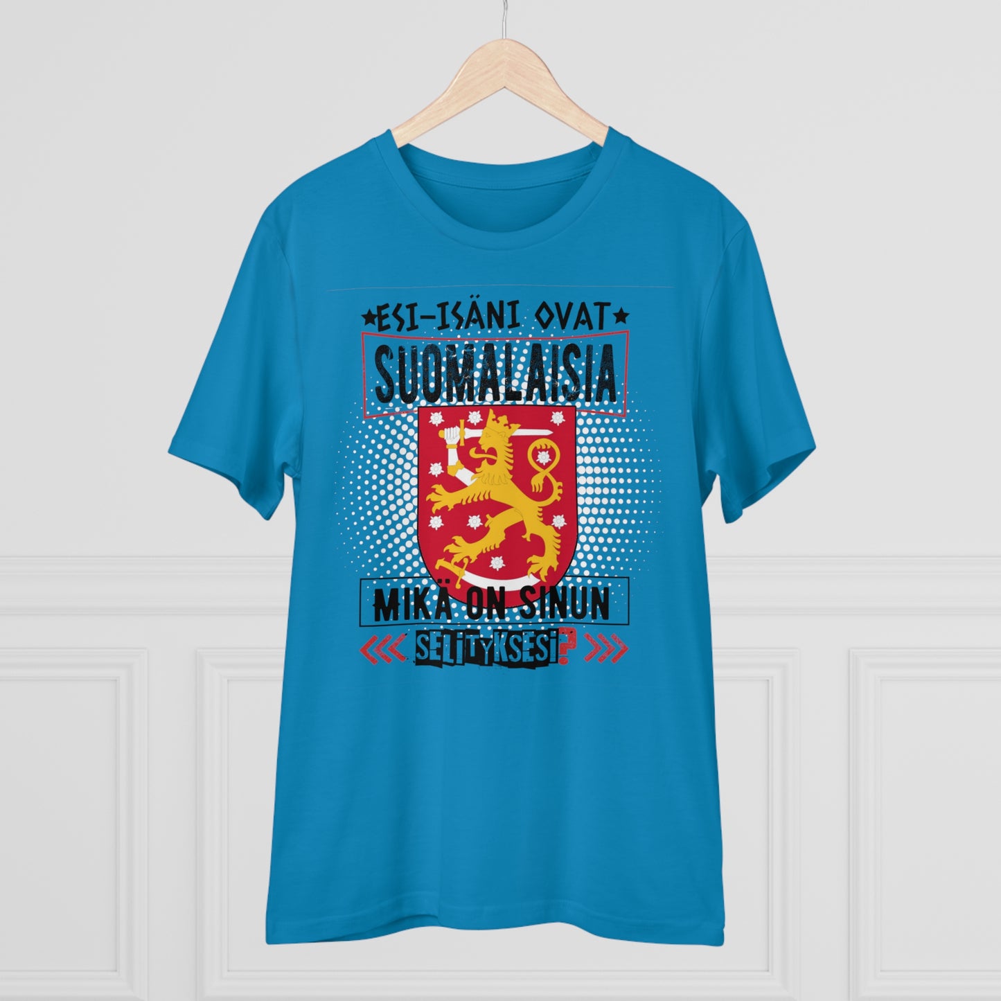 Unisex organic cotton t-shirt - my ancestors are Finnish, what's your explanation, Finnish coat of arms