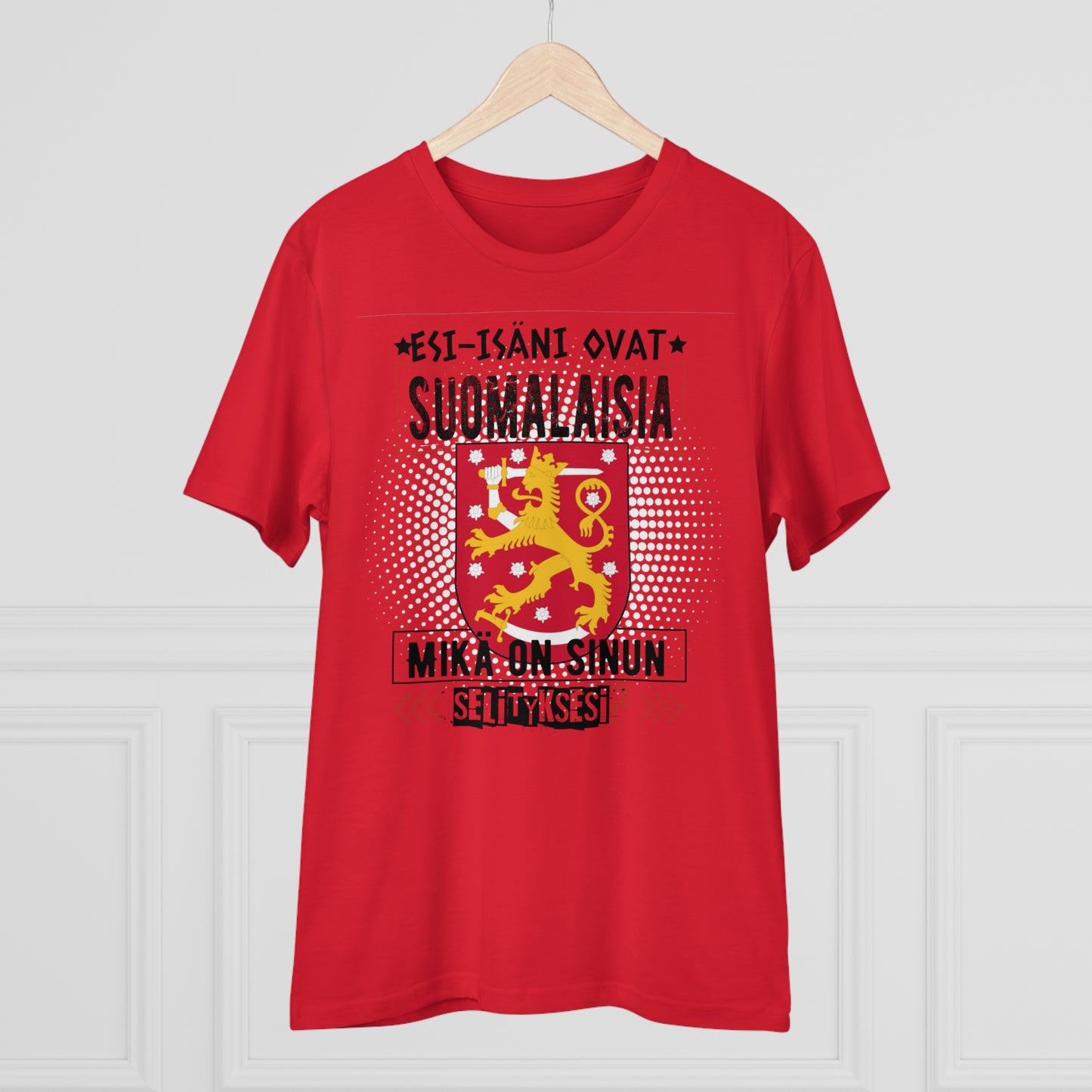 Unisex organic cotton t-shirt - my ancestors are Finnish, what's your explanation, Finnish coat of arms