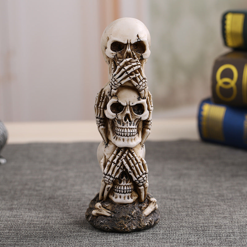 Hear-no See-no Speak-no Evil Skull Statue SculptureFigure Skeleton Stacked Skulls For Halloween Decoration Skull