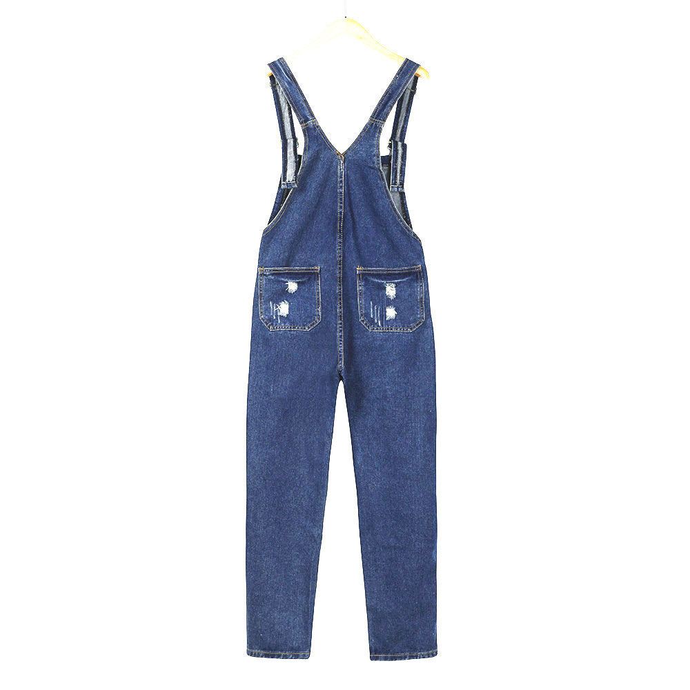 Shredded denim jumpsuit overalls