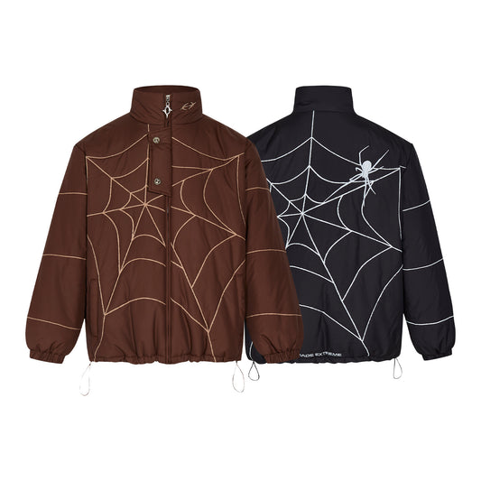 Spider Web Embroidered Lapel PU Leather Jacket American High Street BF Style Couple Baseball Uniform Trendy Coat