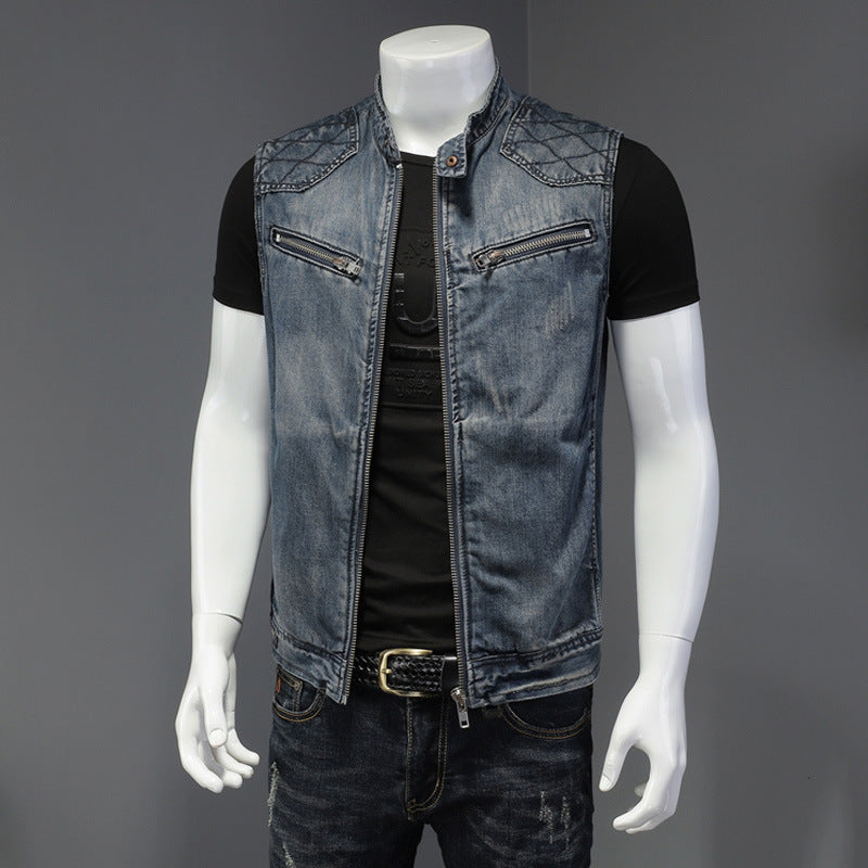 Men's Motorcycle Stand Collar Denim Vest