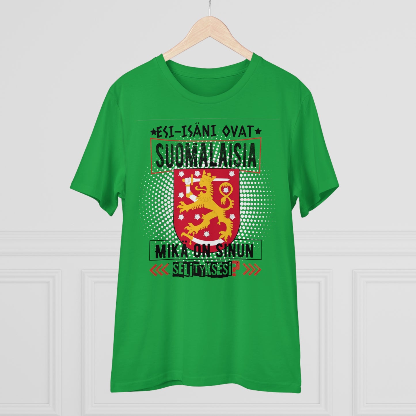 Unisex organic cotton t-shirt - my ancestors are Finnish, what's your explanation, Finnish coat of arms