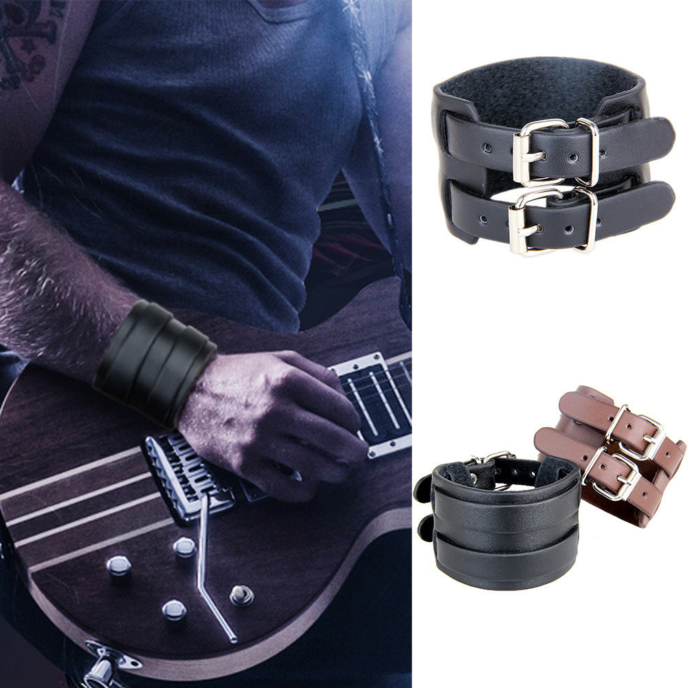 Punk wide men's leather wristband