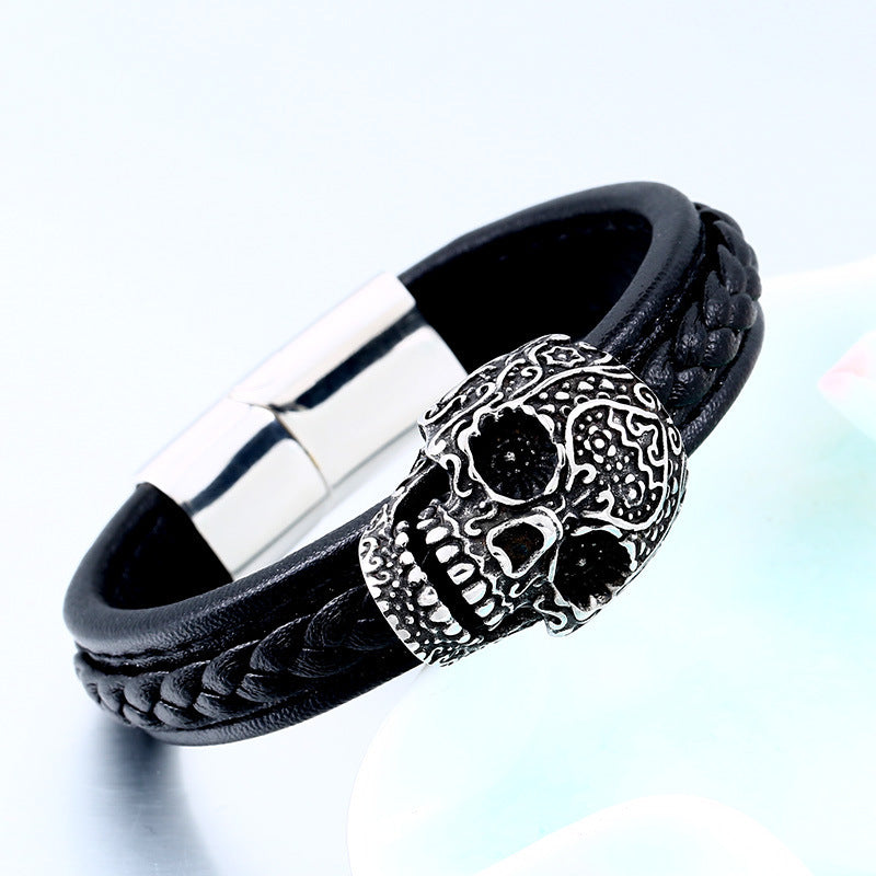 Titanium Steel Engraved Leather Skull Bracelet