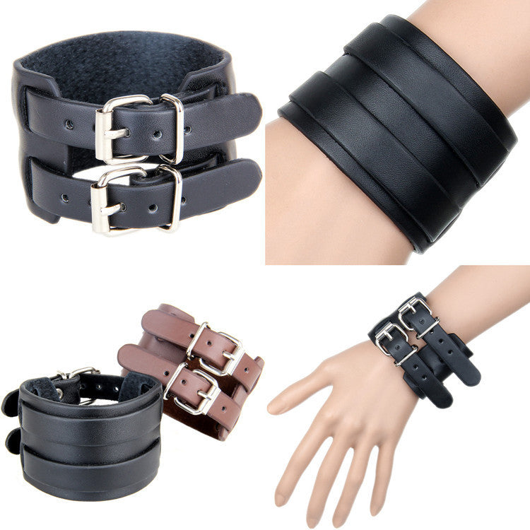 Punk wide men's leather wristband