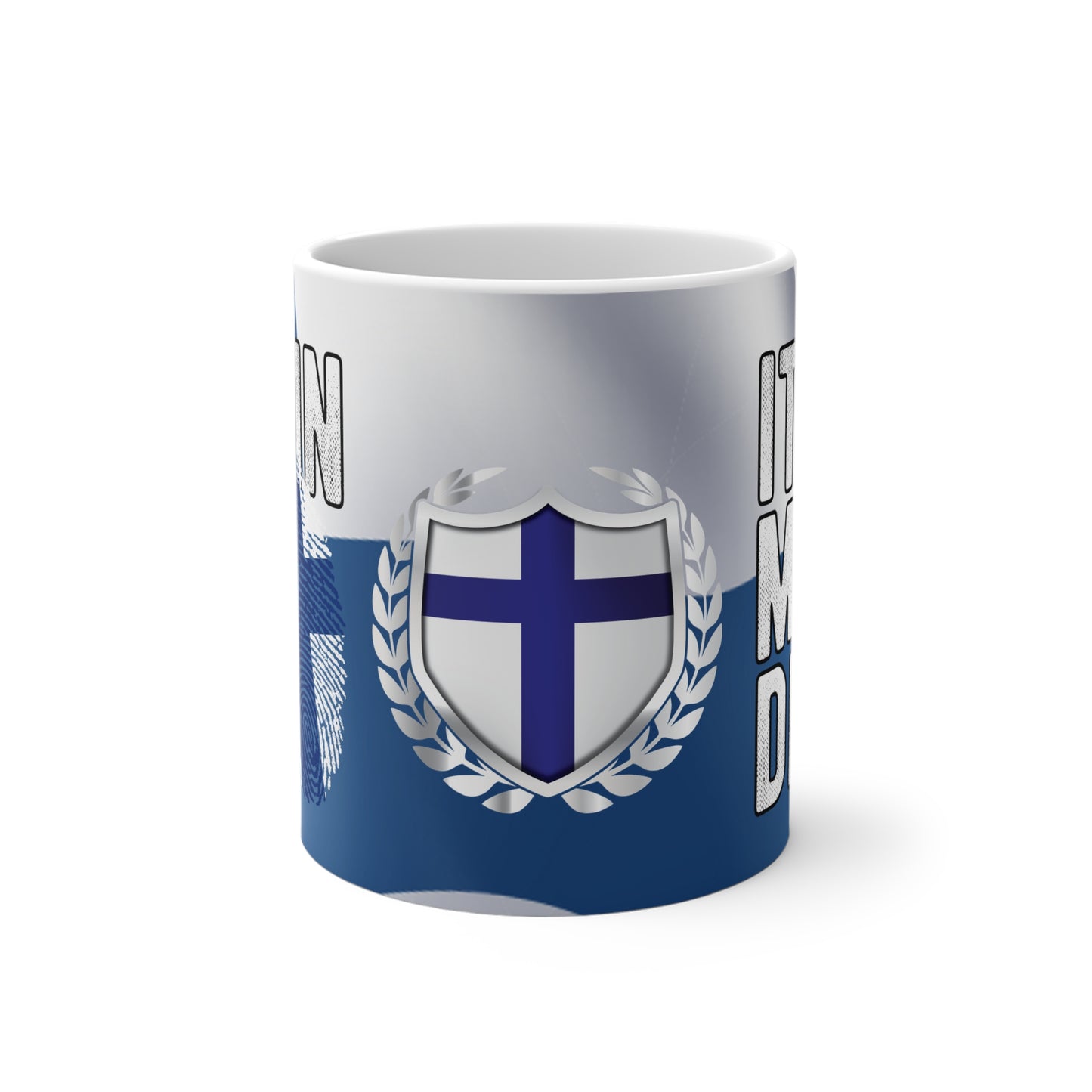 Magic mug with Finnish coat of arms and dna Finland