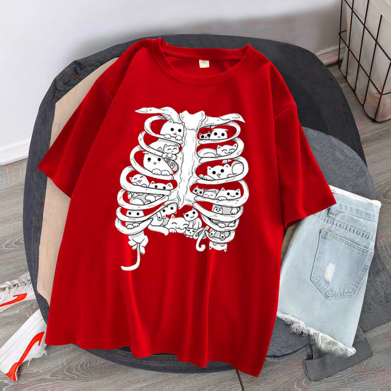 Skeleton Cat Gothic Print Round Neck Loose Men's And Women's T-shirt Short Sleeve