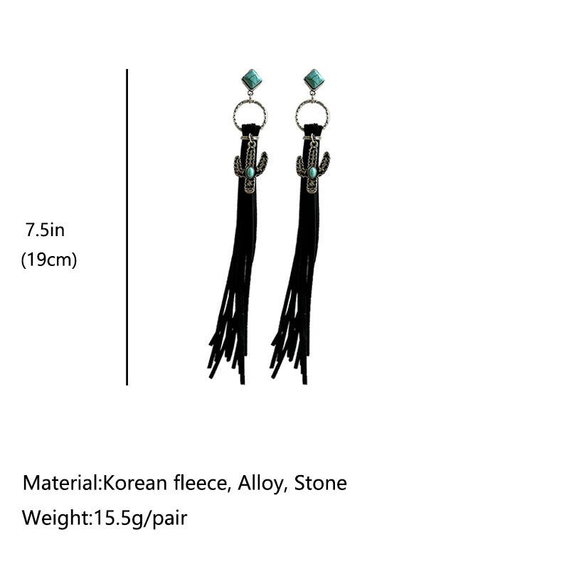 Ornament Creative Personality Retro Long Cactus Turquoise Leather Tassel Earrings