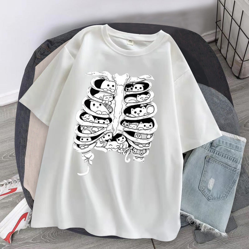 Skeleton Cat Gothic Print Round Neck Loose Men's And Women's T-shirt Short Sleeve