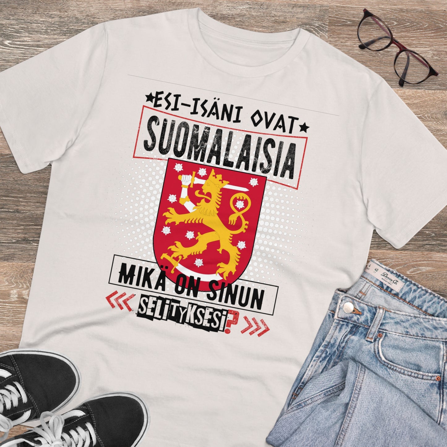 Unisex organic cotton t-shirt - my ancestors are Finnish, what's your explanation, Finnish coat of arms