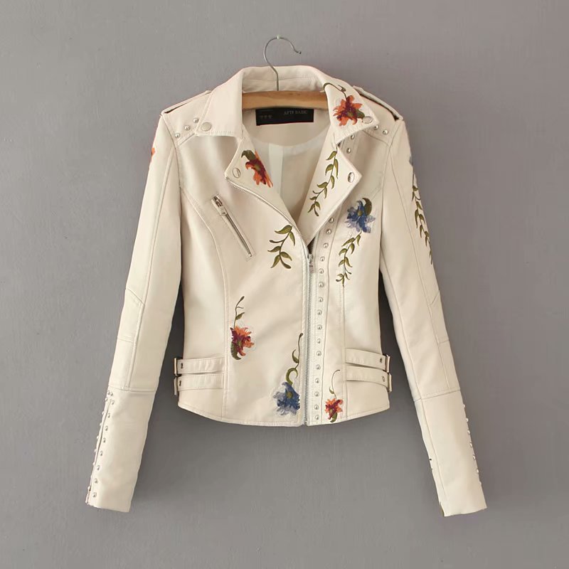 Flower-embroidered Prätkä-style faux leather jacket