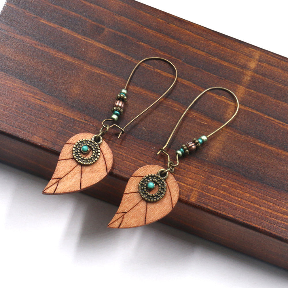 Wood leaves, leaves, ear hook earrings