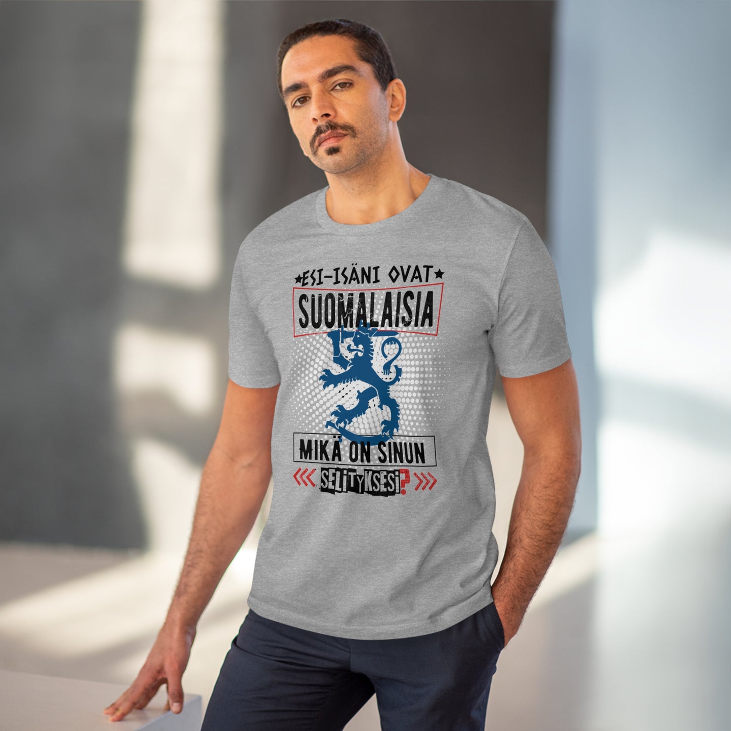 T-shirt unisex eco cotton - my ancestors are Finnish, what is your explanation, Suomileijona