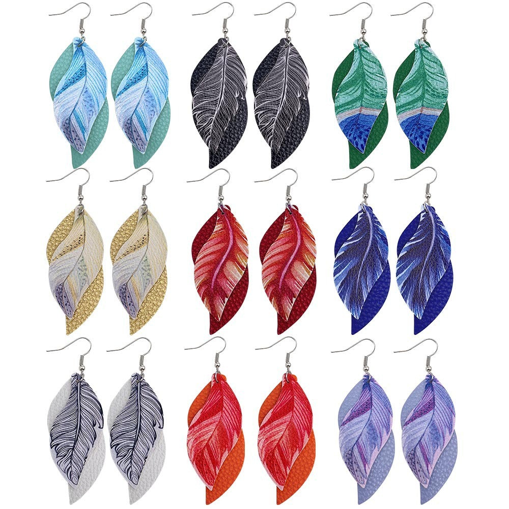 Leaf Leather Earrings Double Feather Print Leather Earrings Women