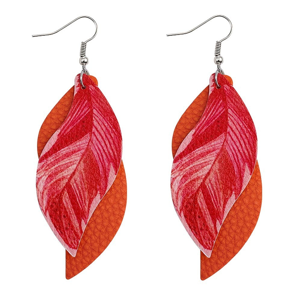 Leaf Leather Earrings Double Feather Print Leather Earrings Women