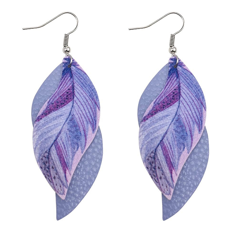 Leaf Leather Earrings Double Feather Print Leather Earrings Women