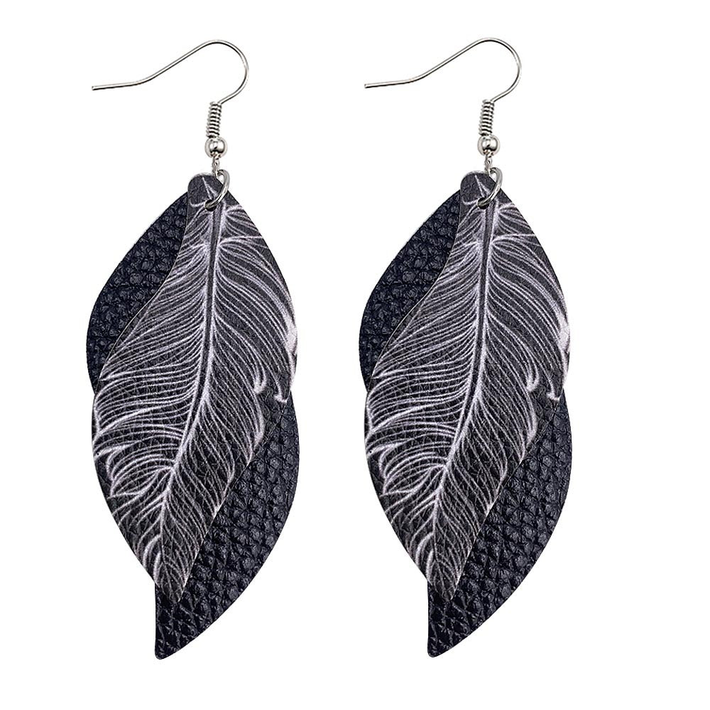 Leaf Leather Earrings Double Feather Print Leather Earrings Women