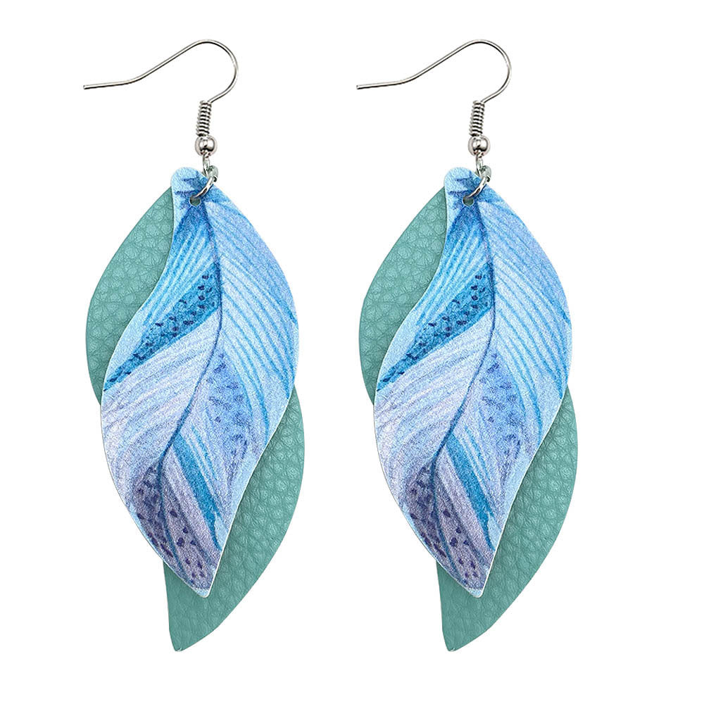 Leaf Leather Earrings Double Feather Print Leather Earrings Women