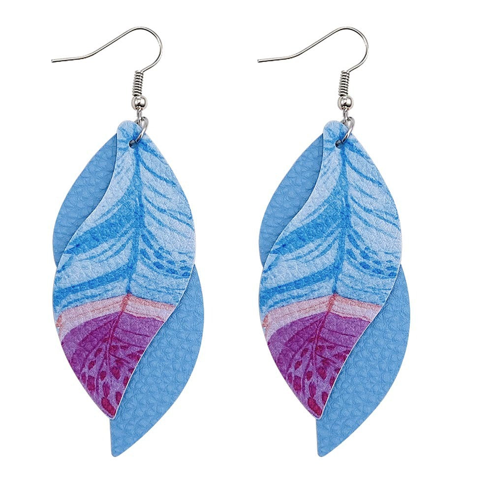 Leaf Leather Earrings Double Feather Print Leather Earrings Women