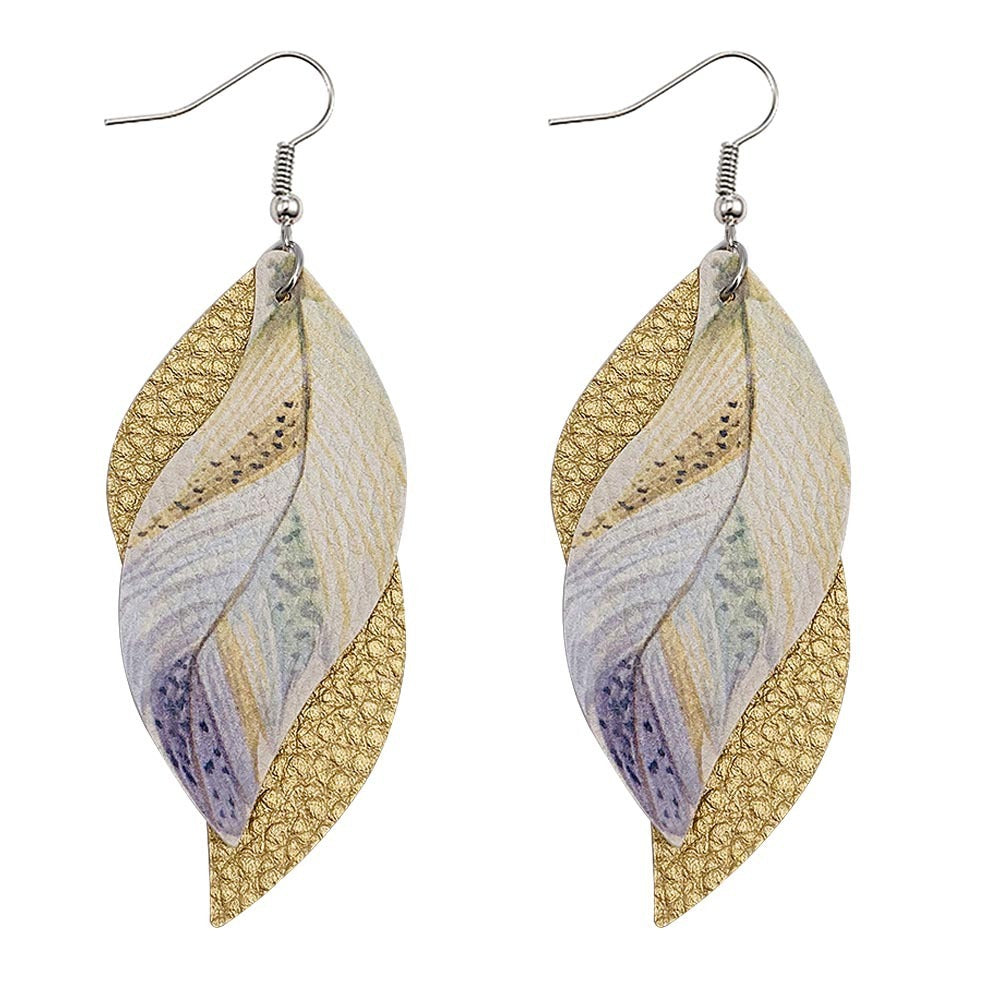 Leaf Leather Earrings Double Feather Print Leather Earrings Women