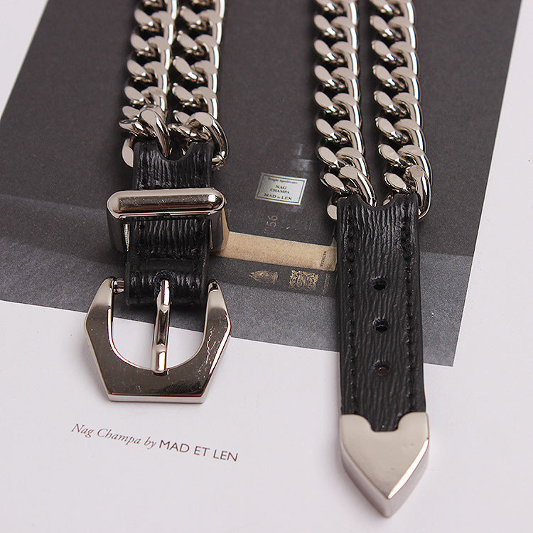 Heavy Metal Belt Buckle Double Chain Stitching Leather Necklace