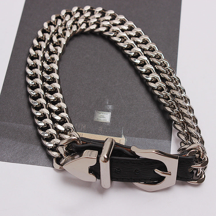 Heavy Metal Belt Buckle Double Chain Stitching Leather Necklace