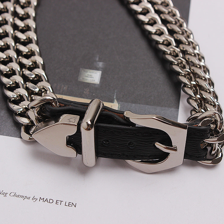 Heavy Metal Belt Buckle Double Chain Stitching Leather Necklace