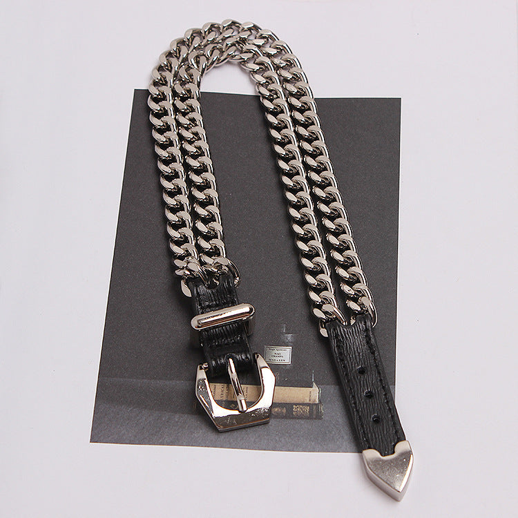 Heavy Metal Belt Buckle Double Chain Stitching Leather Necklace