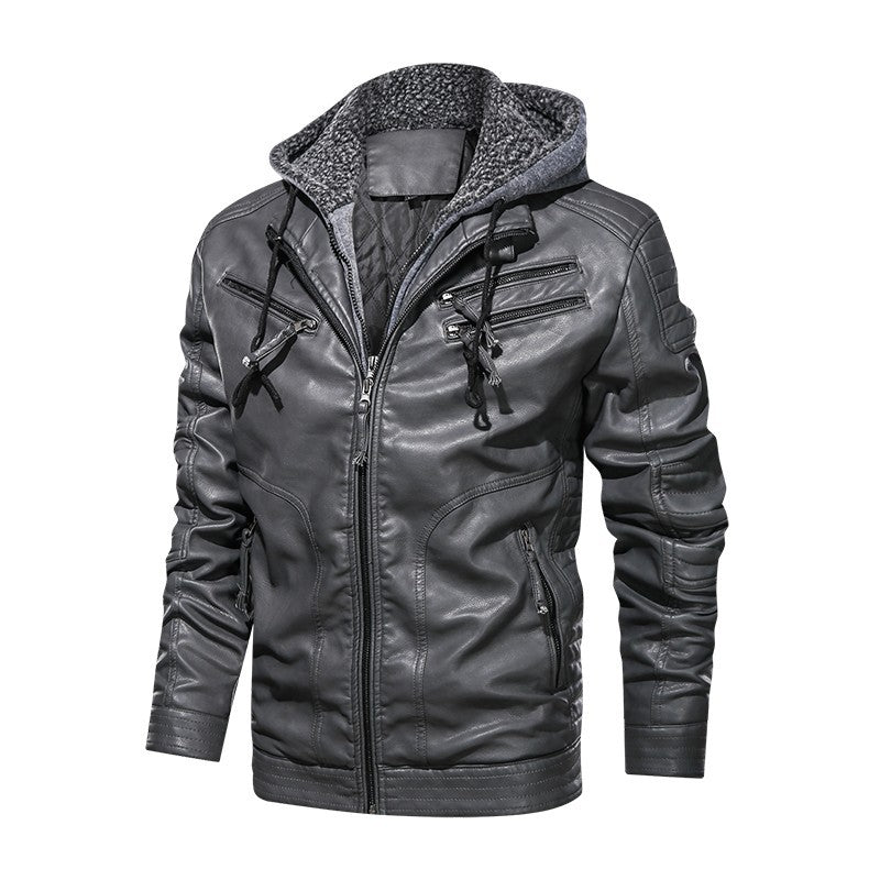 Men's PU Leather Coat Hooded Cotton Addition Leather Jacket Coat