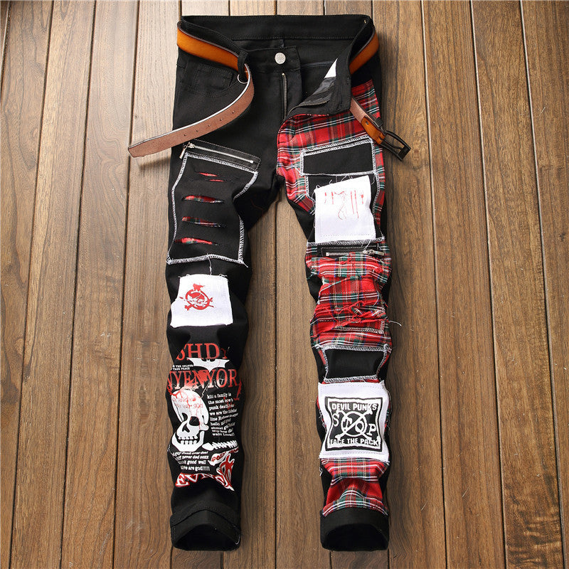 Black Print Patterned Jeans for European PUNK style