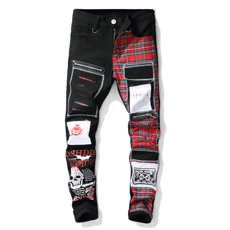 Black Print Patterned Jeans for European PUNK style