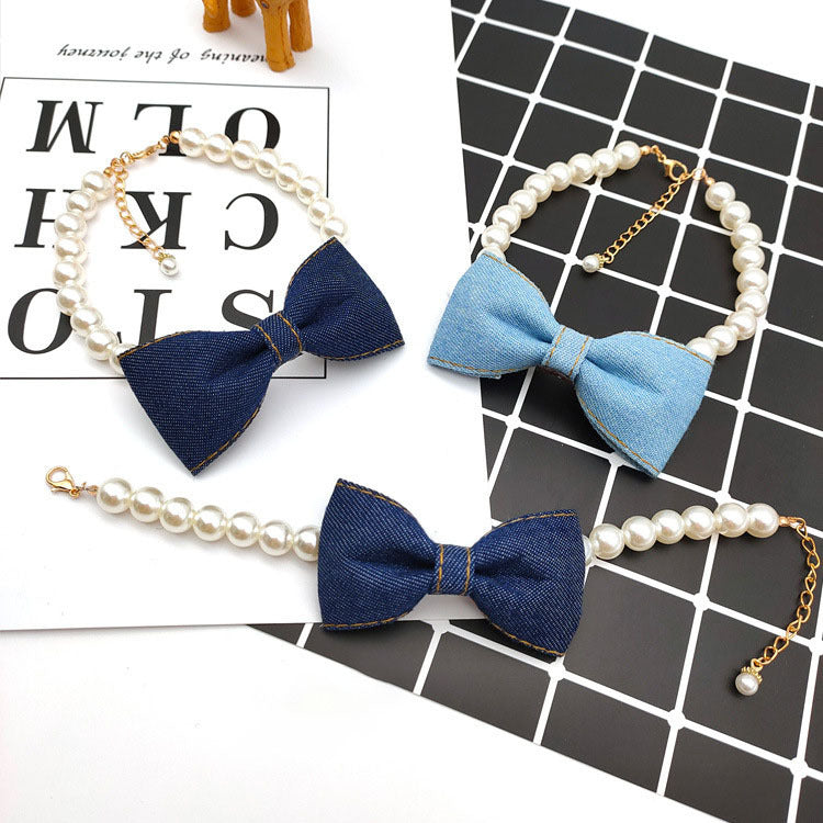 Pet Neck Chain Cat Dog Accessories Pearl Necklace Denim Bow Pendant cute Princess bib