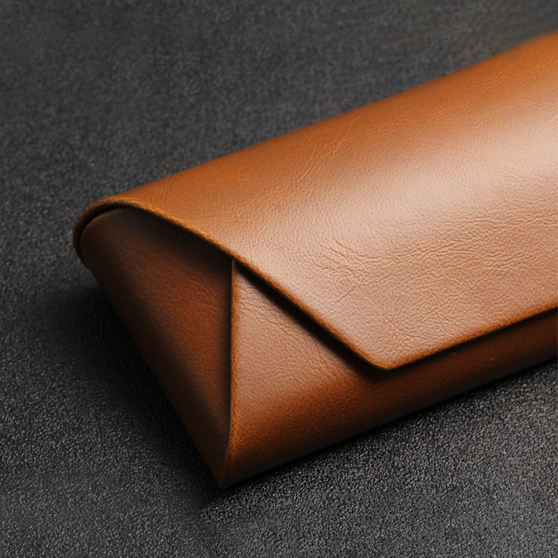 High-End Handmade Japanese Style Crazy Horse Leather Brown Pu Leather Glasses Case