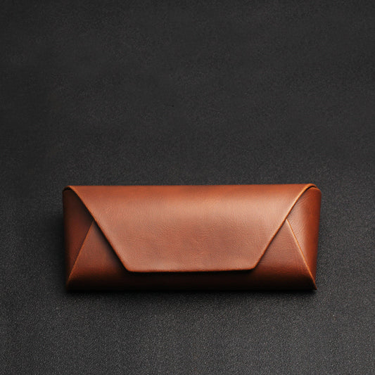 High-End Handmade Japanese Style Crazy Horse Leather Brown Pu Leather Glasses Case