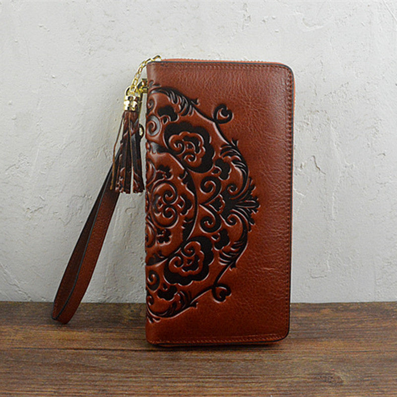 New First Layer Oil Wax Leather Long Wallet Embossed Zipper Bag Female Tassel Ethnic Style Ladies Clutch