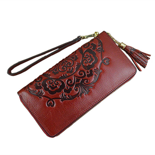 New First Layer Oil Wax Leather Long Wallet Embossed Zipper Bag Female Tassel Ethnic Style Ladies Clutch