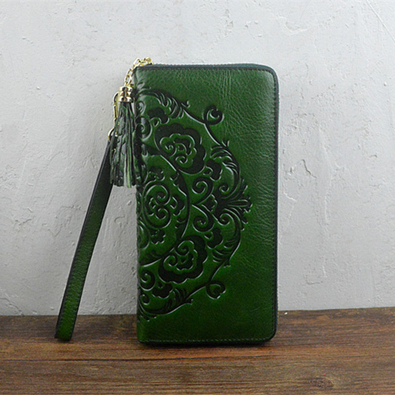 New First Layer Oil Wax Leather Long Wallet Embossed Zipper Bag Female Tassel Ethnic Style Ladies Clutch