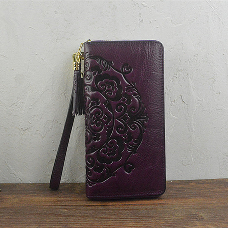 New First Layer Oil Wax Leather Long Wallet Embossed Zipper Bag Female Tassel Ethnic Style Ladies Clutch