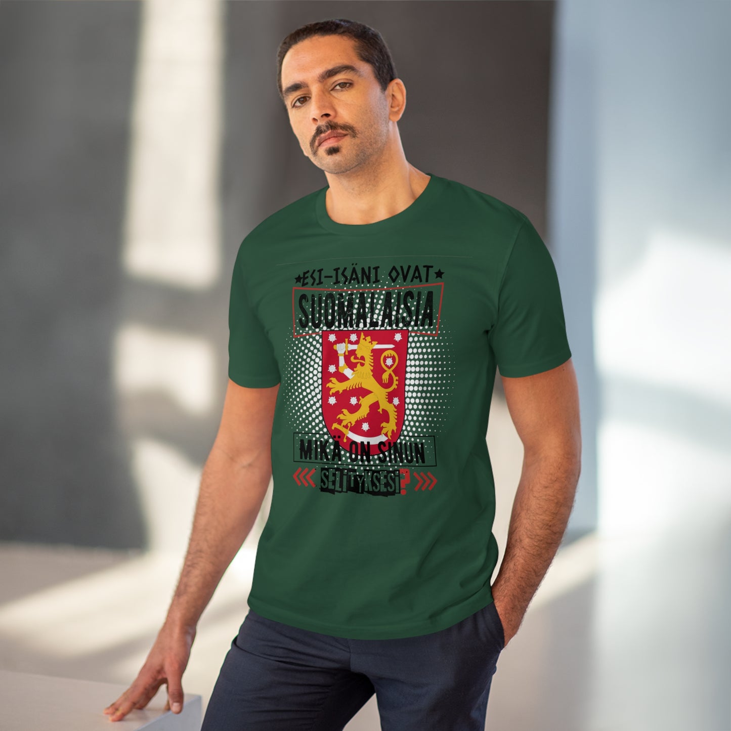 Unisex organic cotton t-shirt - my ancestors are Finnish, what's your explanation, Finnish coat of arms